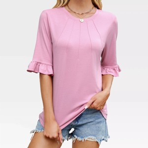 Womens Elbow T-Shirts Flounce Gather Hem Sleeve Solid Round Neck Tops with Front Seam Design Vintage Retro Blouse Everyday Tops - 1 of 4