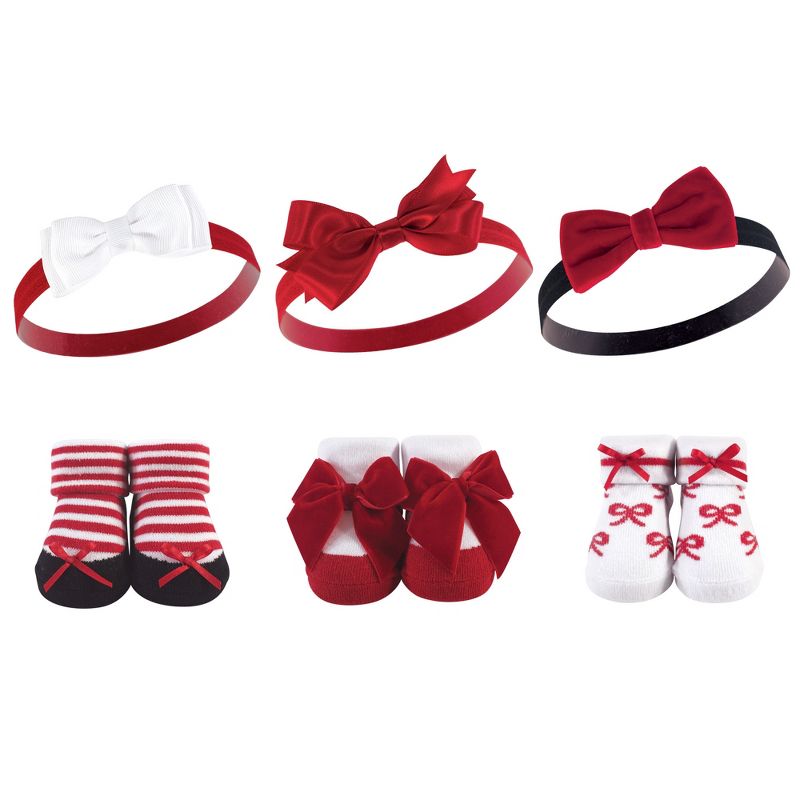 Hudson Baby Infant Girl Headband and Socks Giftset 6pc, Red Bows, One Size, 1 of 3