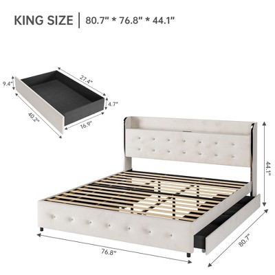Full Queen King Size Bed Frame with 4 Drawers,Diamond Tufted Upholstered Bed Frame with Charging Station,No Box Spring Needed