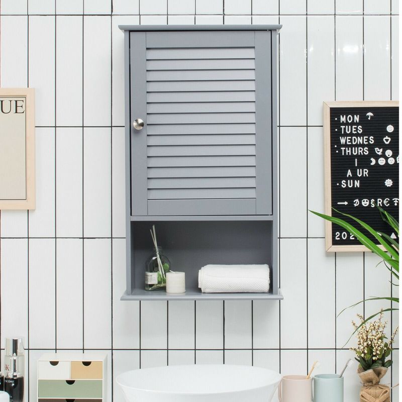 Costway Bathroom Wall Mount Storage Cabinet Single Door w/Height Adjustable Shelf Grey, 3 of 10