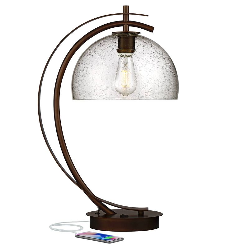 Possini Euro Design Modern Accent Table Lamp with USB Port Filament LED 22.5" High Bronze Metal Glass Dome Shade for Living Room Desk Bedroom, 1 of 10
