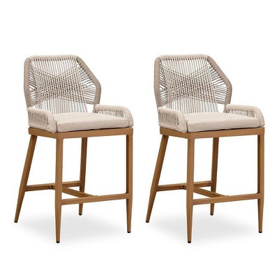 PURPLE LEAF Bar Stools Set of 2 Height Metal Bar Chairs with Back Modern Aluminum Tall Comfy Wicker Woven Boho Barstools Garden Pool Patio Outdoor