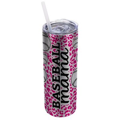 Elanze Designs Leopard Print Hot Pink Silvertone Sparkle 20 Ounce Double Wall Stainless Steel Glitter Travel Tumbler With Sliding Lid And Straw,