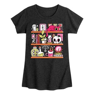 Girls' - Instant Message - Witchy Bookshelves -Youth Girls Short Sleeve T-Shirt Fitted Short Sleeve Graphic T-Shirt - 1 of 4