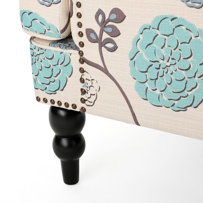 Large Blue and White Floral Microfiber Accent Chair with Wood Legs