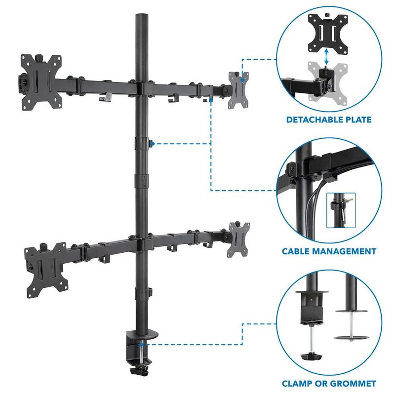 Mount-It! Height Adjustable 4 Monitor Stand Arms | Quad Monitor Desk Mount | Fits Four Computer Screens 19 - 32 in. | C-Clamp and Grommet Bases, 3 of 11