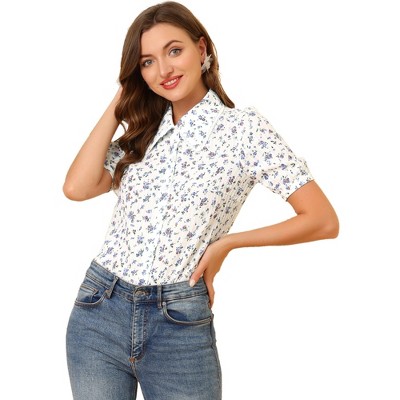 Allegra K Women's Point Collar Short Sleeve Floral Print Button-Down Shirt