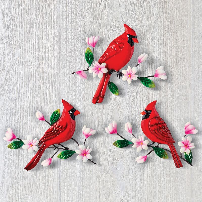 Collections Etc Hand-Painted Cardinals and Cherry Blossoms Wall Trio Set 10" x 0.75" x 8", 2 of 3