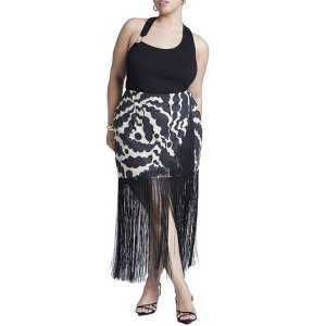 ELOQUII Women's Plus Size Wrap Front Fringe Mini Skirt - 1 of 4