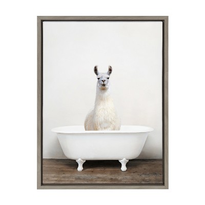 Whimsical Alpaca in Bathtub Canvas Print with Gray Frame