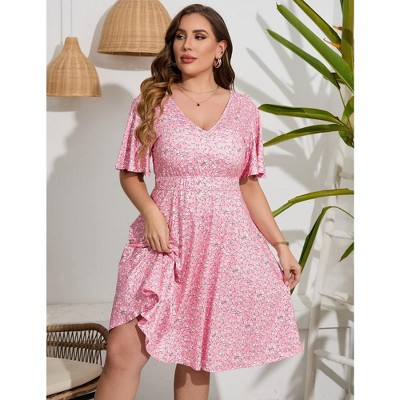 YesFashion Women's Plus Size Boho Floral V Neck Ruffle Short Sleeve Dress Elastic High Waist A Line Summer Dress