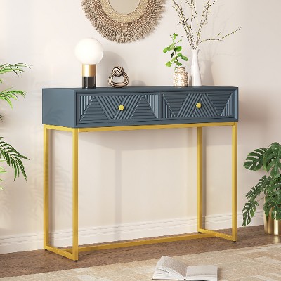 Lyngins Modern Console Table with Storage, Narrow Entryway Table with Gold Metal Base, Sofa Table with 2 Drawers (Diagonal Stripe Design)