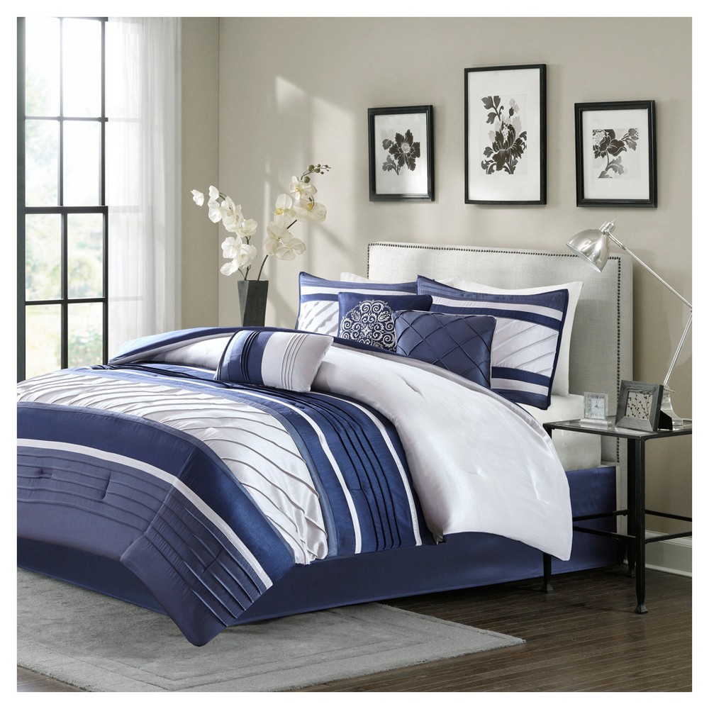 Photos - Bed Linen Navy Burnett Comforter Set King 7pc: Madison Park, Microfiber, Pleated, Embroidered, Machine Washable