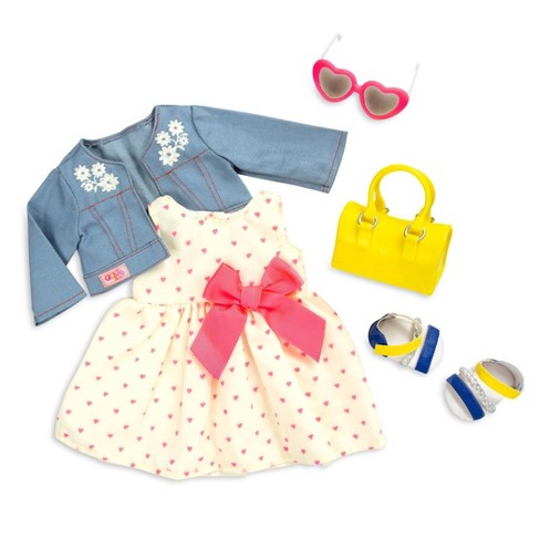 Doll Blue Polka Dot Dress with White Bow Shoes Set for 18 Dolls