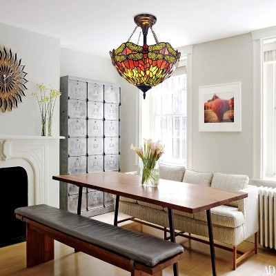 Empress Dragonfly Tiffany-Style Bronze Semi-Flush Pendant Light