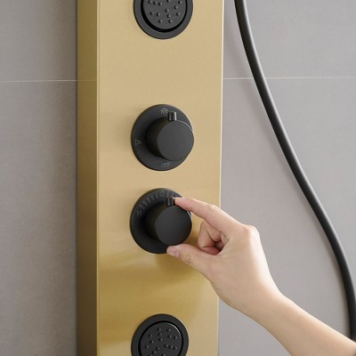 Gold and Black Stainless Steel Shower Panel System with Rainfall Showerhead