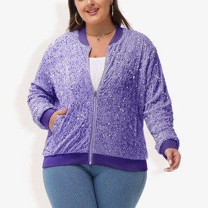 Anna-Kaci Women's Plus Size Sequin Zip-Up Bomber Jacket with Pockets - 1 of 4