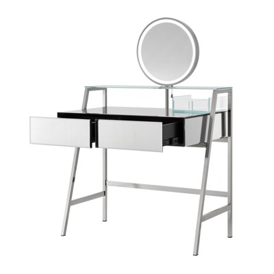 FONTOI 33.9" Mirrored Makeup Table with Big Drawers & Open Shelf, Dressing Table with Mirror for Bedroom, Silver, 19.7"*48.8"*33.9"