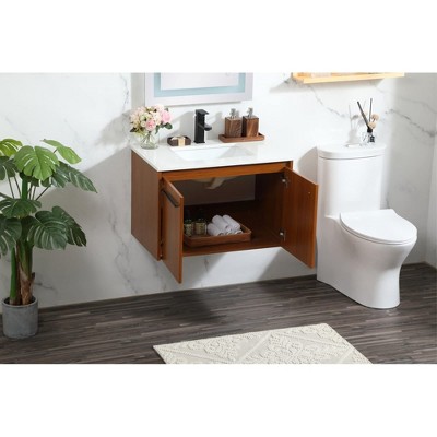 Teak Floating Bathroom Vanity with Quartz Top and Black Handles