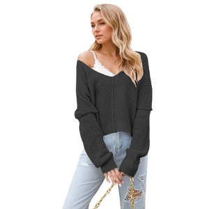 Clearlove Women's Sexy and Relaxed Off-Shoulder Knitted Sweaters with Long Sleeves and V-Neck - 1 of 4