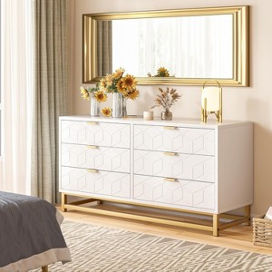 6 Drawer Dresser with Wide Storage, Wood Dresser Chest Organizer with Metal Legs, Modern Dressers & chests of Drawers for Bedroom,Living Room,Hallway - 1 of 4