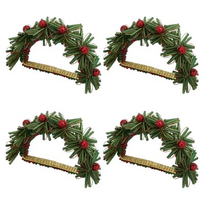 Green Beaded Flowers Design Napkin Rings Set of 4