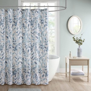 Madison Park Leisha Botanical Printed Shower Curtain Blue: Madison : Microfiber, Machine Washable, Non-Slip Backing - 1 of 4