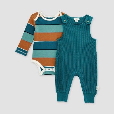 Image of Burt's Bees Baby® Boys' Thermal Jumpsuit and Striped Bodysuit Set - 3M