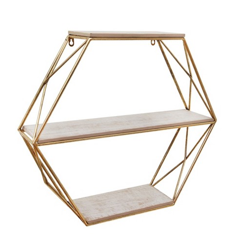 Sagebrook Home Metal Wood 3 Tier Hexagon Floating Wall Shelves, Storage And Display, Gold, 24 L ...