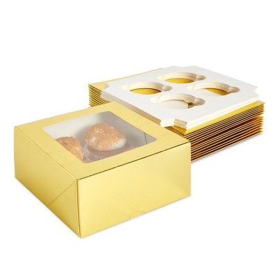 Blue Panda 15 Pack Gold Cupcake Boxes with Window and 4-Space Inserts for Packaging