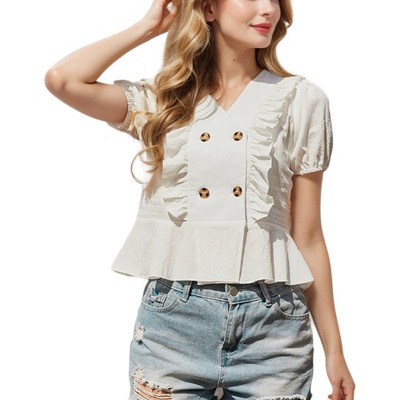 Anna-Kaci Women's Puffed Short Sleeve Button Down Detail Blouse