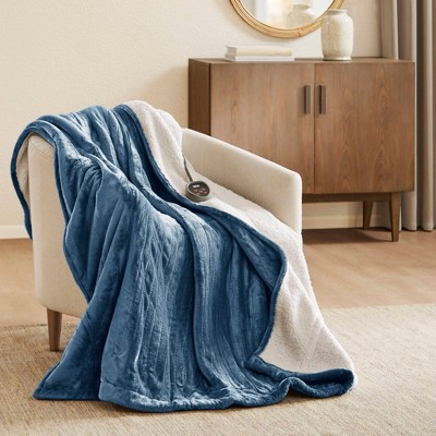 Sapphire Blue Twin Reversible Heated Plush to Berber Blanket