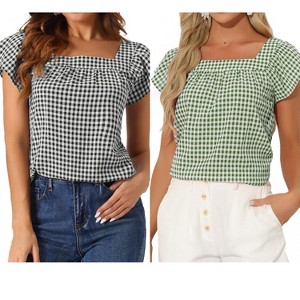 INSPIRE CHIC Women's Summer Square Neck Gingham Cap Sleeve Blouses 2 Packs - 1 of 4