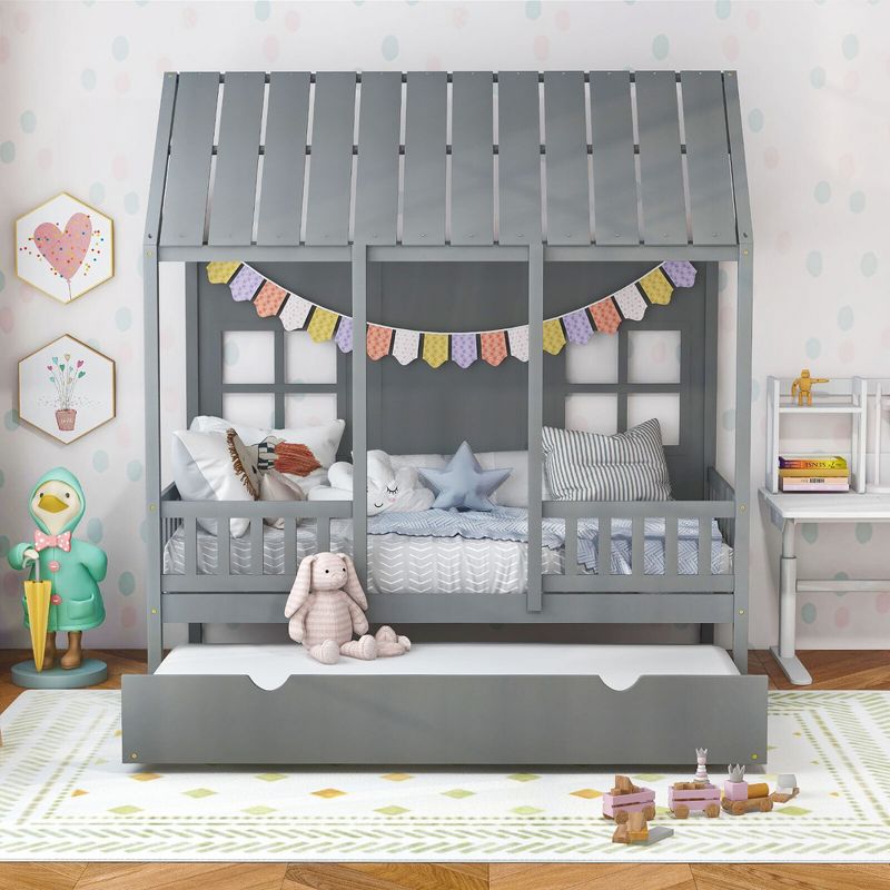 Tangkula Twin Size House Bed with Trundle Fence Decor Wooden Windows Tall Roof Gray, 4 of 10