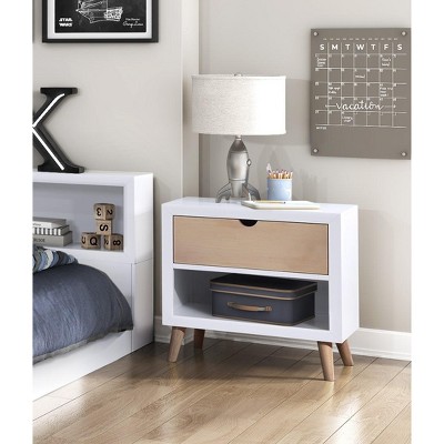 Vynxaria Asker Collection Kids' Nightstand, 2-Tone White/Natural, Pine Veneer, 1 Drawer and Cubby, Mid-Century Design