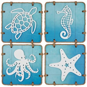 Set of 4 Wooden Sea Life Ombre Wall Decors with Rope Accents Blue - Olivia & May: Coastal MDF Art Sculptures - 1 of 4