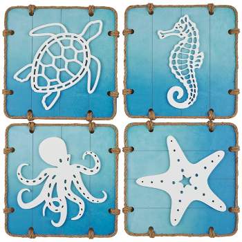 Set of 4 Wooden Sea Life Ombre Wall Decors with Rope Accents Blue - Olivia & May