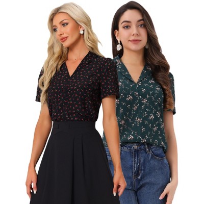 INSPIRE CHIC Women's Short Sleeve Casual V Neck Print Notch Lapel Collar Summer Blouses 2 Packs