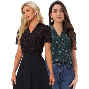 INSPIRE CHIC Women's Short Sleeve Casual V Neck Print Notch Lapel Collar Summer Blouses 2 Packs - 1 of 4