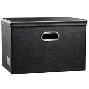 Aoibox Large Collapsible Storage Bin with Lid Foldable Leather Organizer Box Cube Black for Home Office Closet - 1 of 4