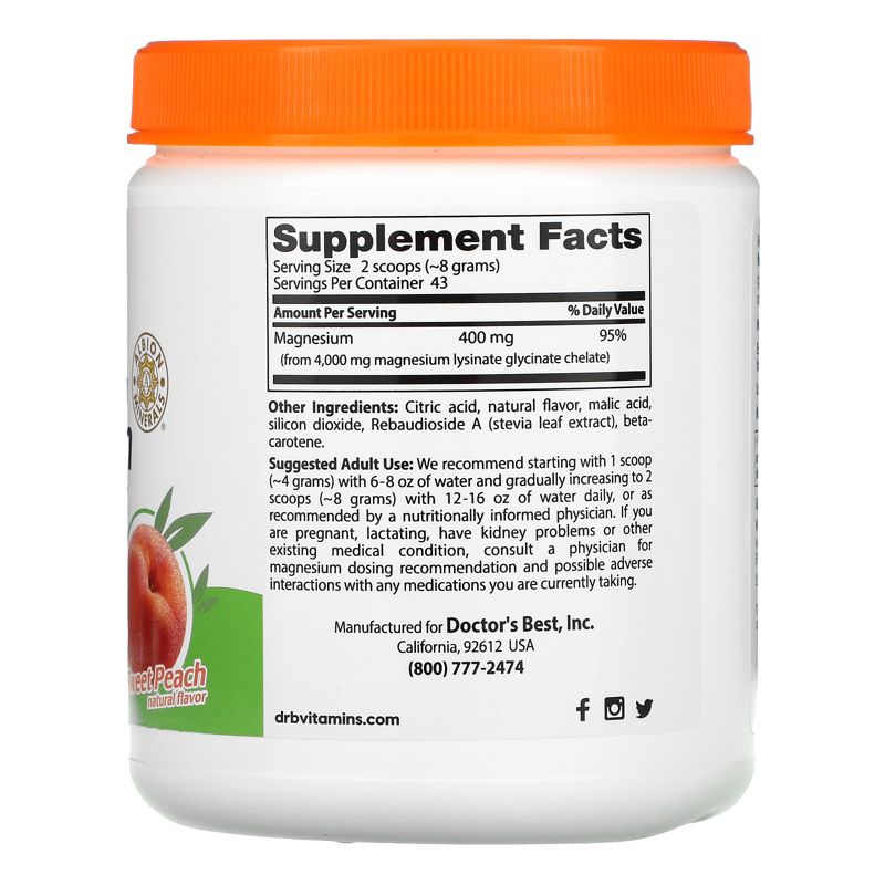 Doctor's Best High Absorption Magnesium Powder, Sweet Peach, 12.3 oz (347 g), 2 of 3