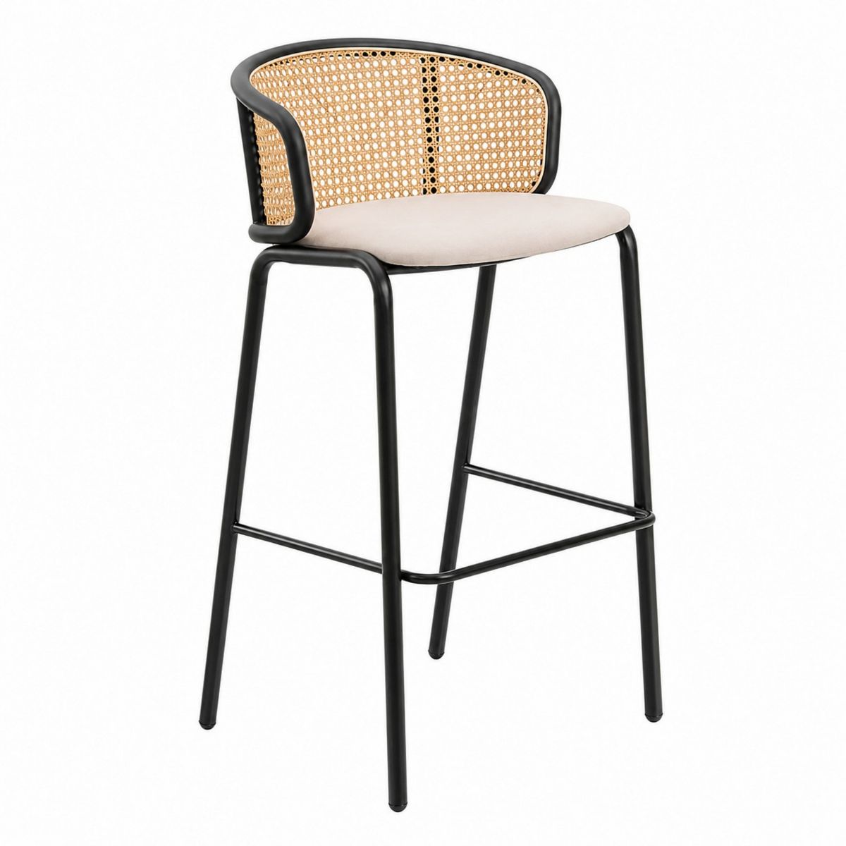 LeisureMod Ervilla Modern Wicker Bar Stool with Armrest - Low-Back Fabric Cushion Seat & Black Powder-Coated Steel Frame Side Stool for Kitchen