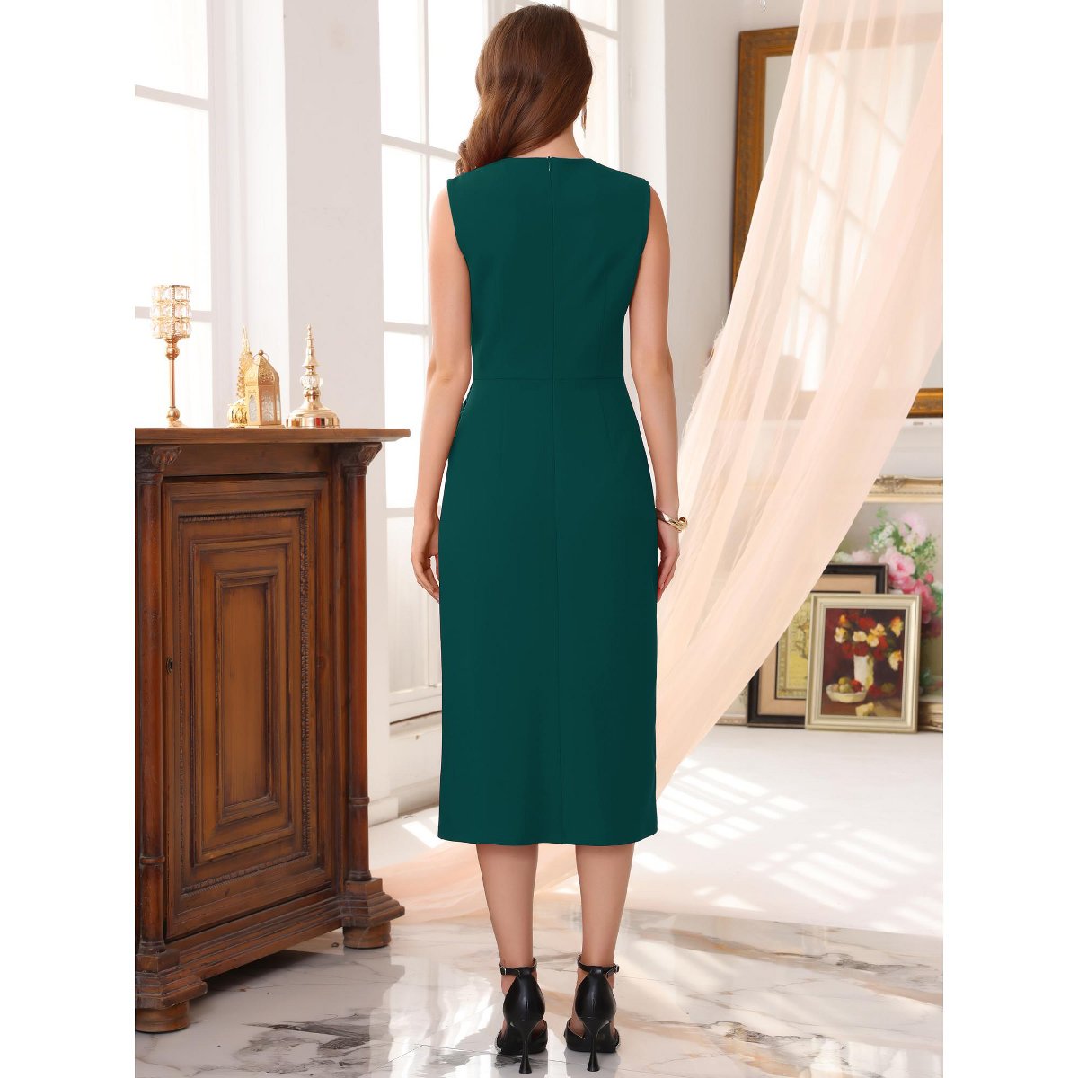 Женские платья INSPIRE CHIC Women's Business Cocktail Front Tie Wrap Formal Elegant Sleeveless Sheath Dresses X-Large Dark Green — фото 4