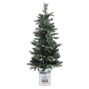 LuxenHome 4Ft Pre-Lit Artificial Green Pine Tree, Lighted Porch Tree with Pinecones, Holly Berries, and Silver Pot - 1 of 4