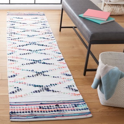Ivory and Blue Flat Woven Cotton Area Rug, 27" x 9'