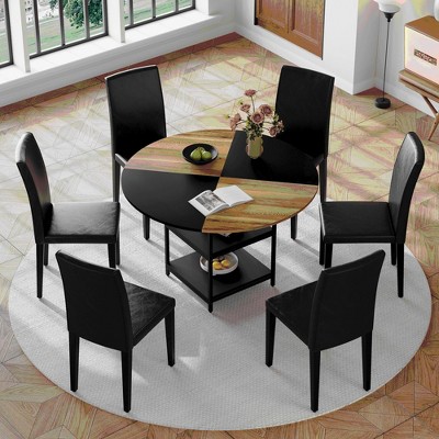 5/7 PCS Round Dining Table Set Modern Dining Set Kitchen Table Set with Upholstered Chairs, Brown+Black-Modernluxe