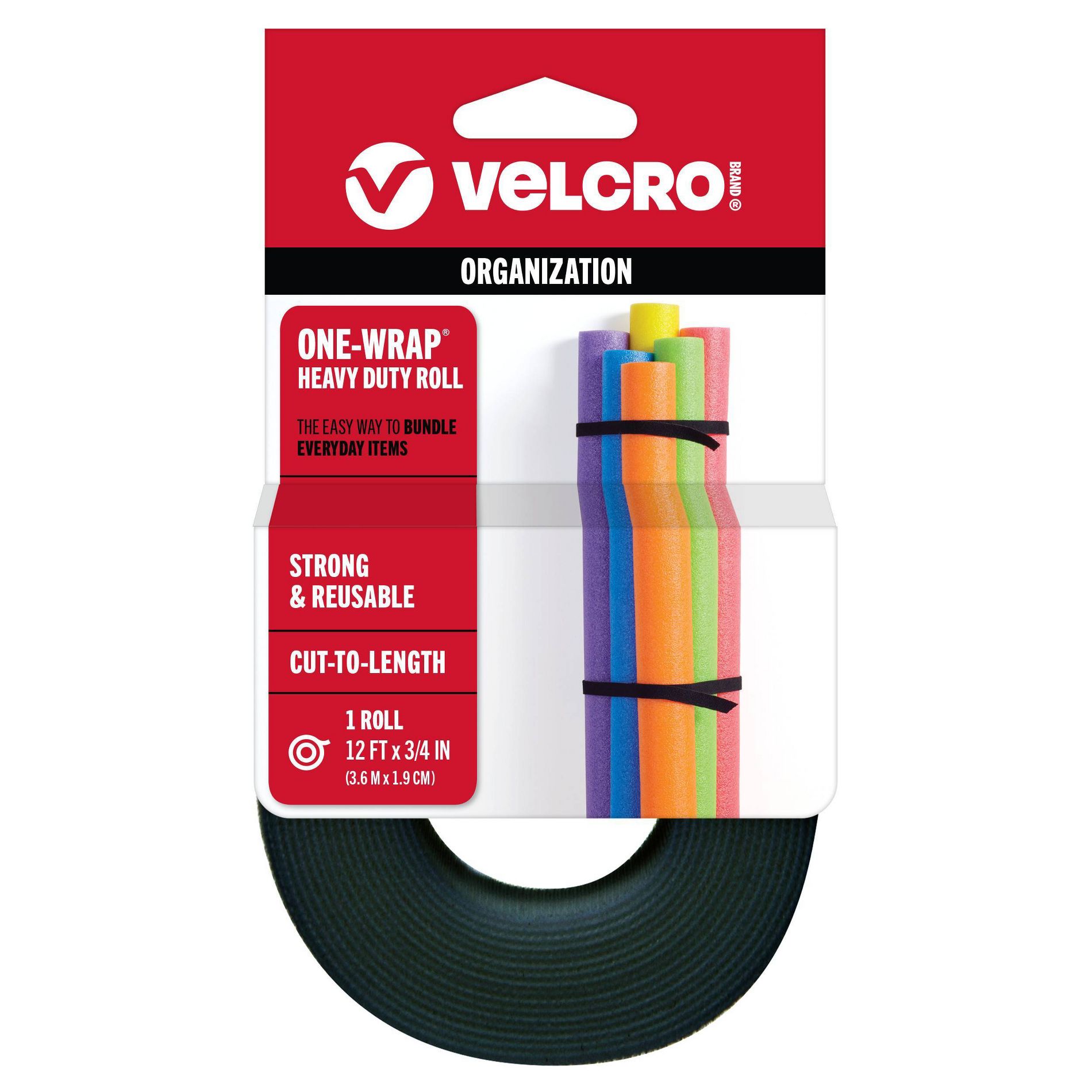 VELCRO 12'x3/4'' One-Wrap Heavy Duty Roll for Organization Cut-to-Length Black