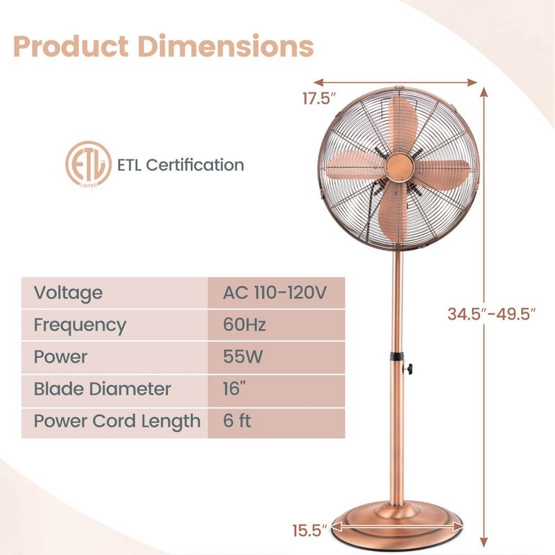 Costway 16" Standing Pedestal Fan with 3 Speed Settings Carrying Handle Aluminum Blades Black/Copper/Silver, 3 of 11