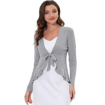 Allegra K Women's Tie Front Ruffled Hem Long Sleeve Knit Cardigan