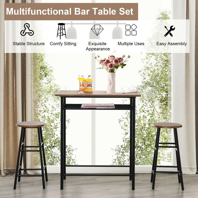 Costway 3 Pieces Bar Table Set Counter Height Dining Pub Table w/ 2 Stools, 4 of 11